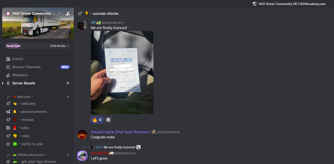 HGV Academy student passing announcement