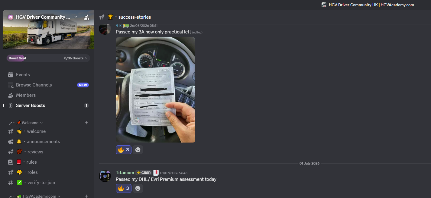 HGV Academy student first-time pass message